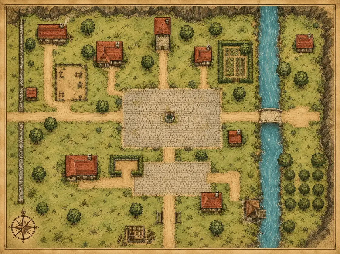 Carte du village d’Elelhem peinte comme un vieux parchemin : la place pavée et son puits au centre, des maisons aux toits rouges, la rivière et son pont à l’est, le verger, la muraille à l’ouest et une rose des vents