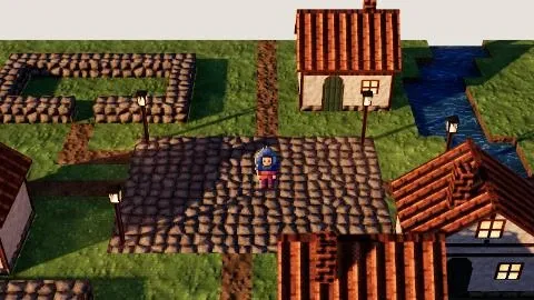 Le premier décor du jeu : une place pavée, quatre maisons aux toits de tuiles, une rivière, et un petit héros à capuche, seul au milieu