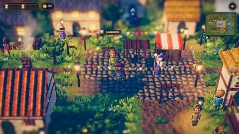 Le village en cours de construction : une place pavée bordée de fanions, un étal à auvent rayé, des habitants en pixels dont Claudette, un vieux mage et le héros au chapeau rouge