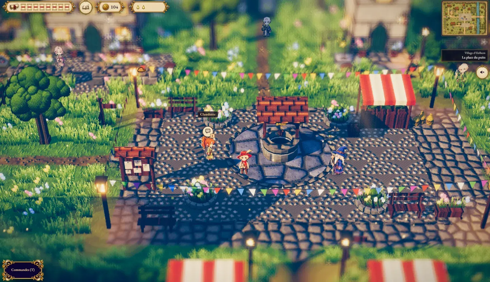 La place du puits dans la version publiée : un puits rond au toit de tuiles, des pavés en éventail, des massifs fleuris, et l’interface finale avec les parchemins, les Tokens et la carte du village