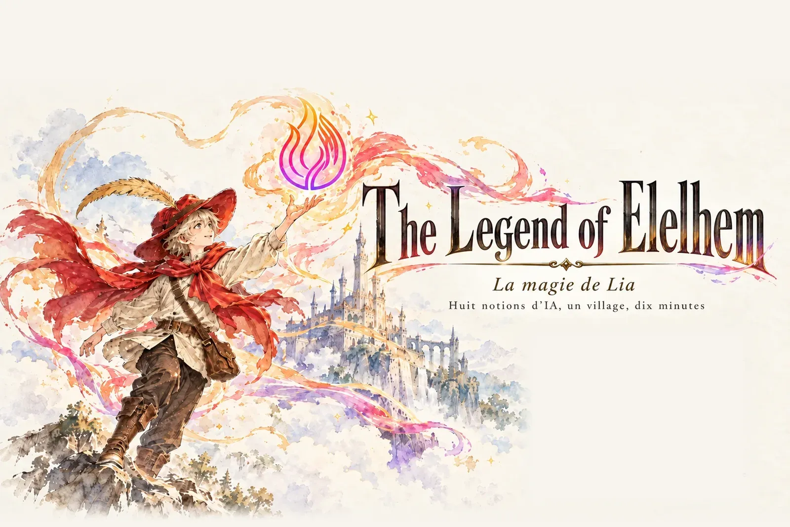 Illustration à l'aquarelle du titre The Legend of Elelhem : un jeune voyageur au chapeau rouge tend la main vers une flamme, devant un château
