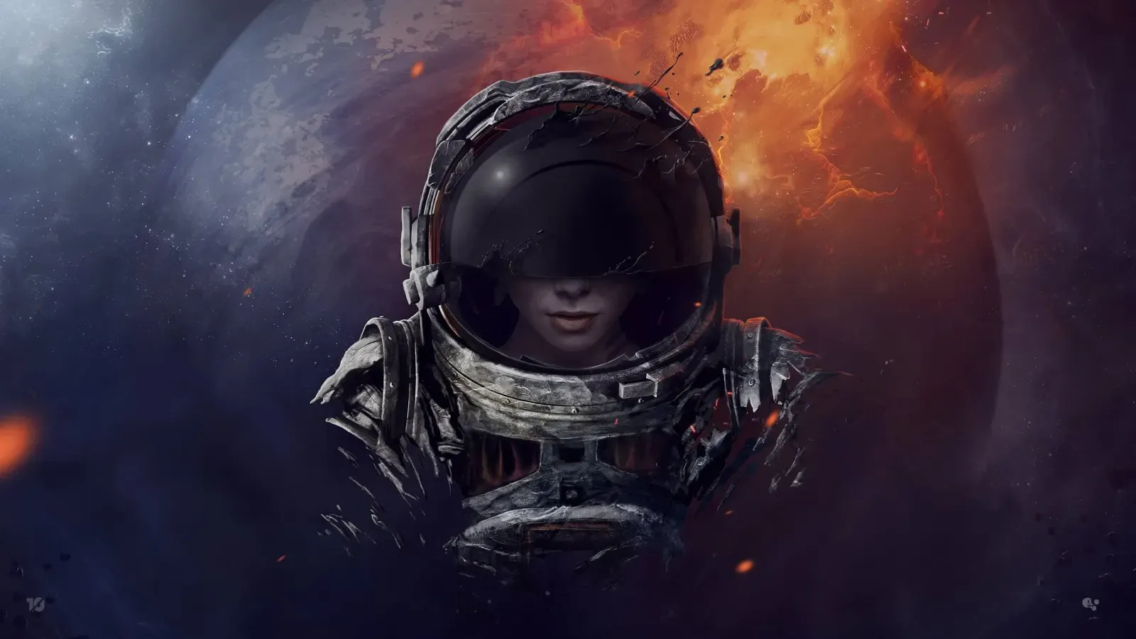 Un astronaute au casque fêlé, éclairé par une nébuleuse orange, flottant devant une planète sombre
