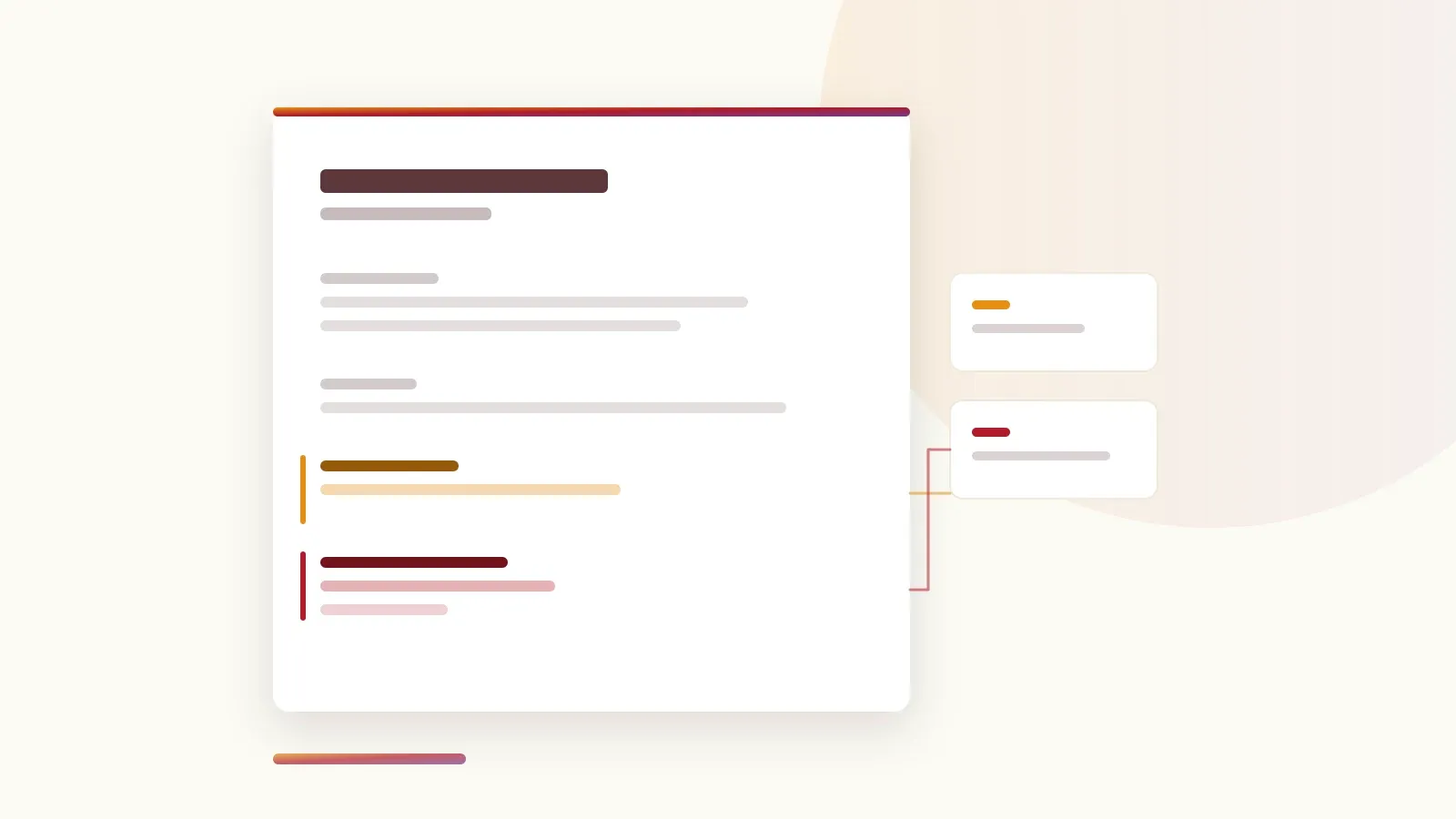 Une fiche de formation stylisée dont deux champs sont signalés en orange et en rouge par des constats d'audit