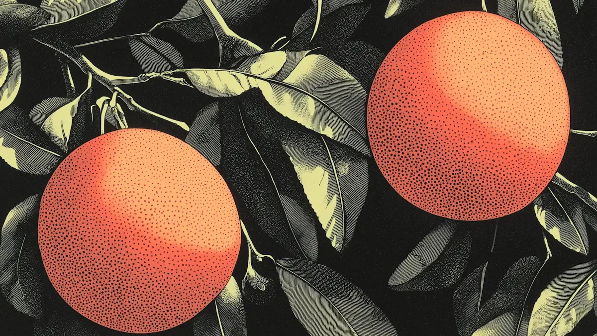 Deux oranges mûres sur une même branche, en gravure sur fond noir