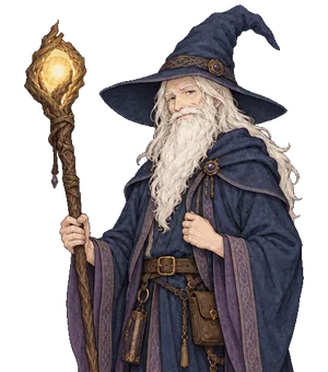 Portrait de l’Oracle Gépété, vieux mage à la barbe blanche et au bâton lumineux