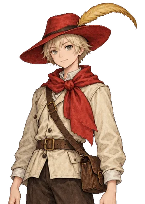 Le héros du jeu, jeune voyageur au chapeau rouge à plume et à l’écharpe rouge