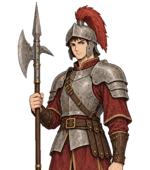 Portrait du Capitaine Rocard, garde casqué à la hallebarde