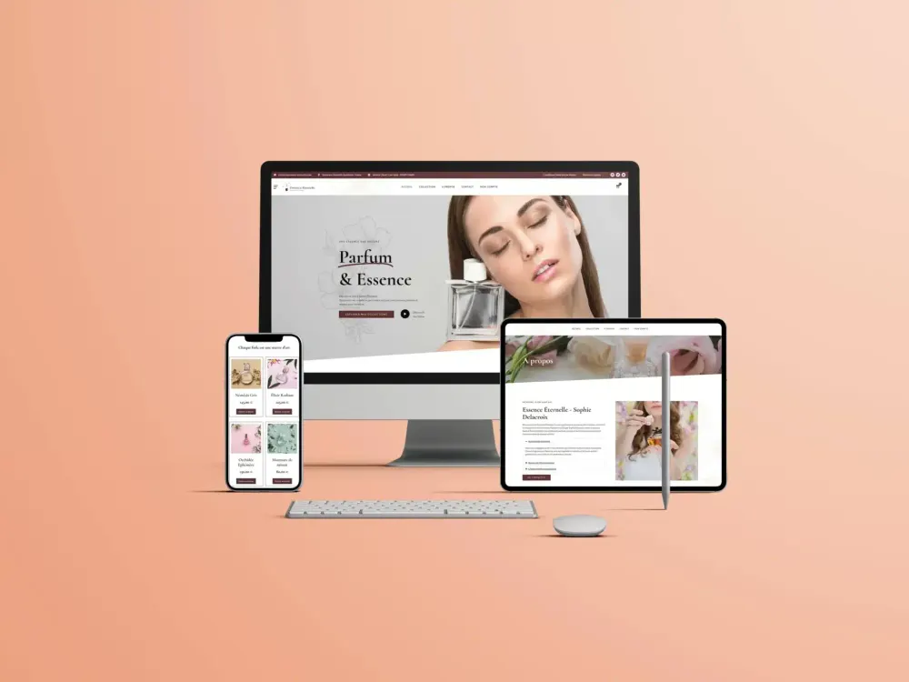 Site Essence Éternelle présenté sur ordinateur, tablette et mobile