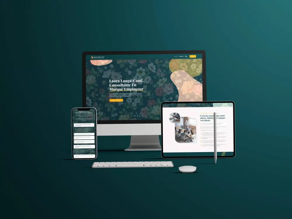 Site Laura Lauga-Cami présenté sur ordinateur, tablette et mobile