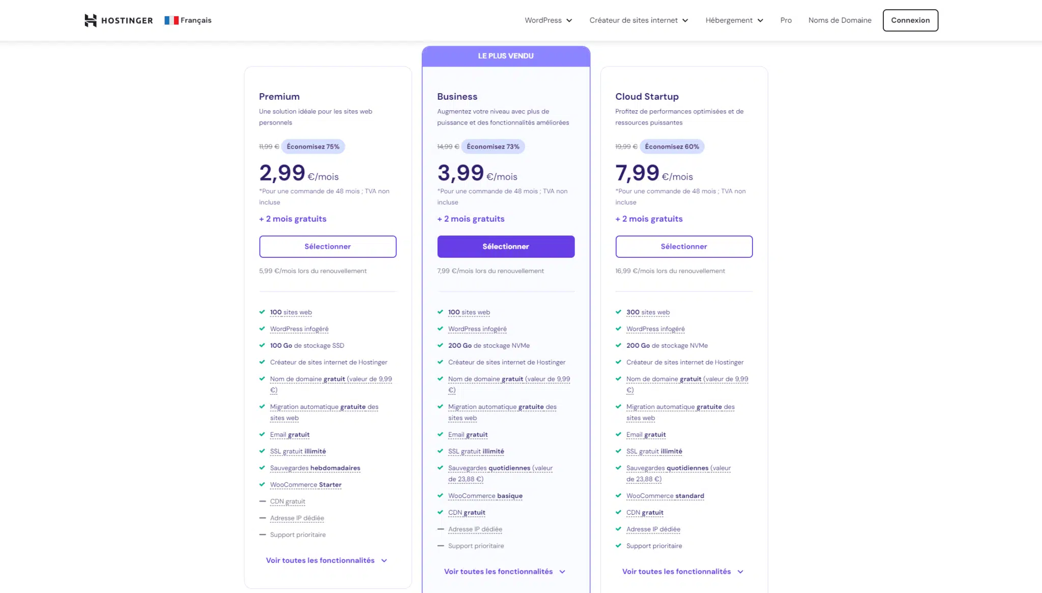 formule hostinger, offre d'hebergement hostinger, business, cloud startup, prenium